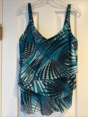 Teal Palm-Print Women’s Swim tankini with Layered Ruffle